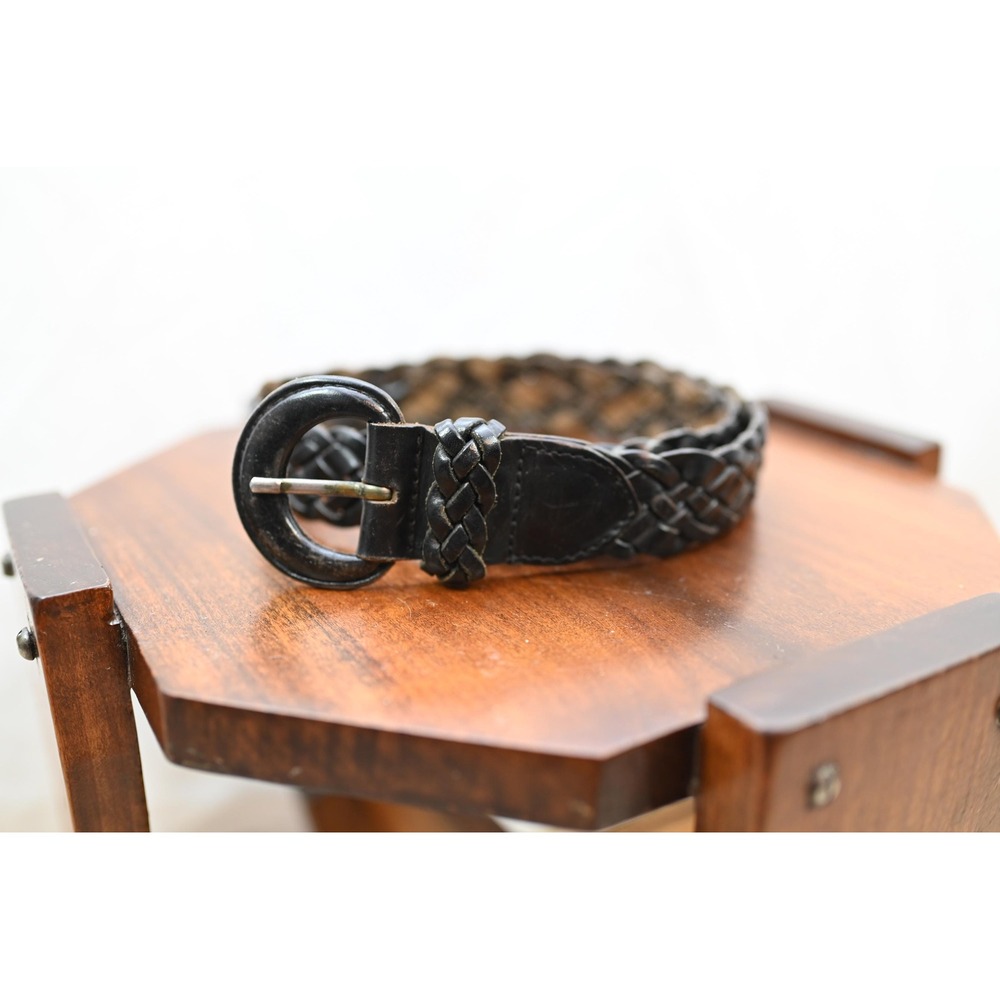 Vintage Black Leather Basket Weave Braided Belt Small Made in Turkey 90s